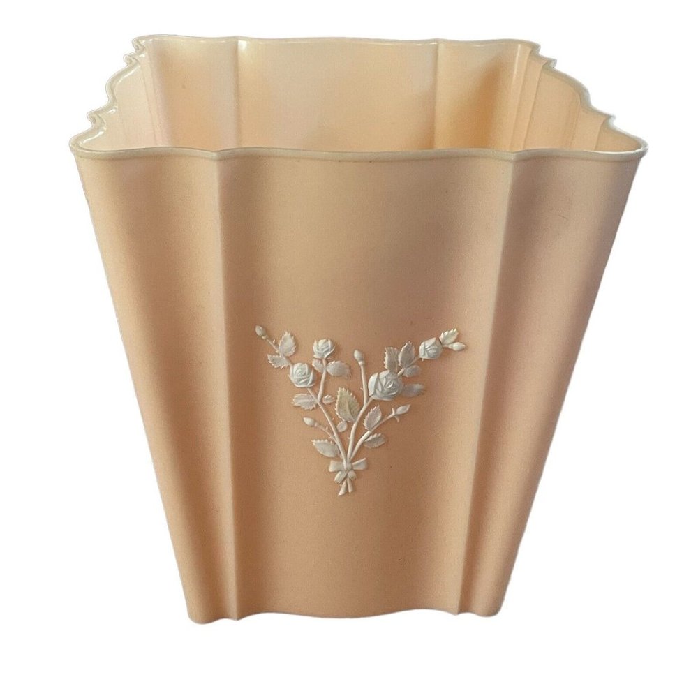 Vintage MCM Schwarz Bros Waste Basket Vanity Trash Can Ivory Peach 3D Floral